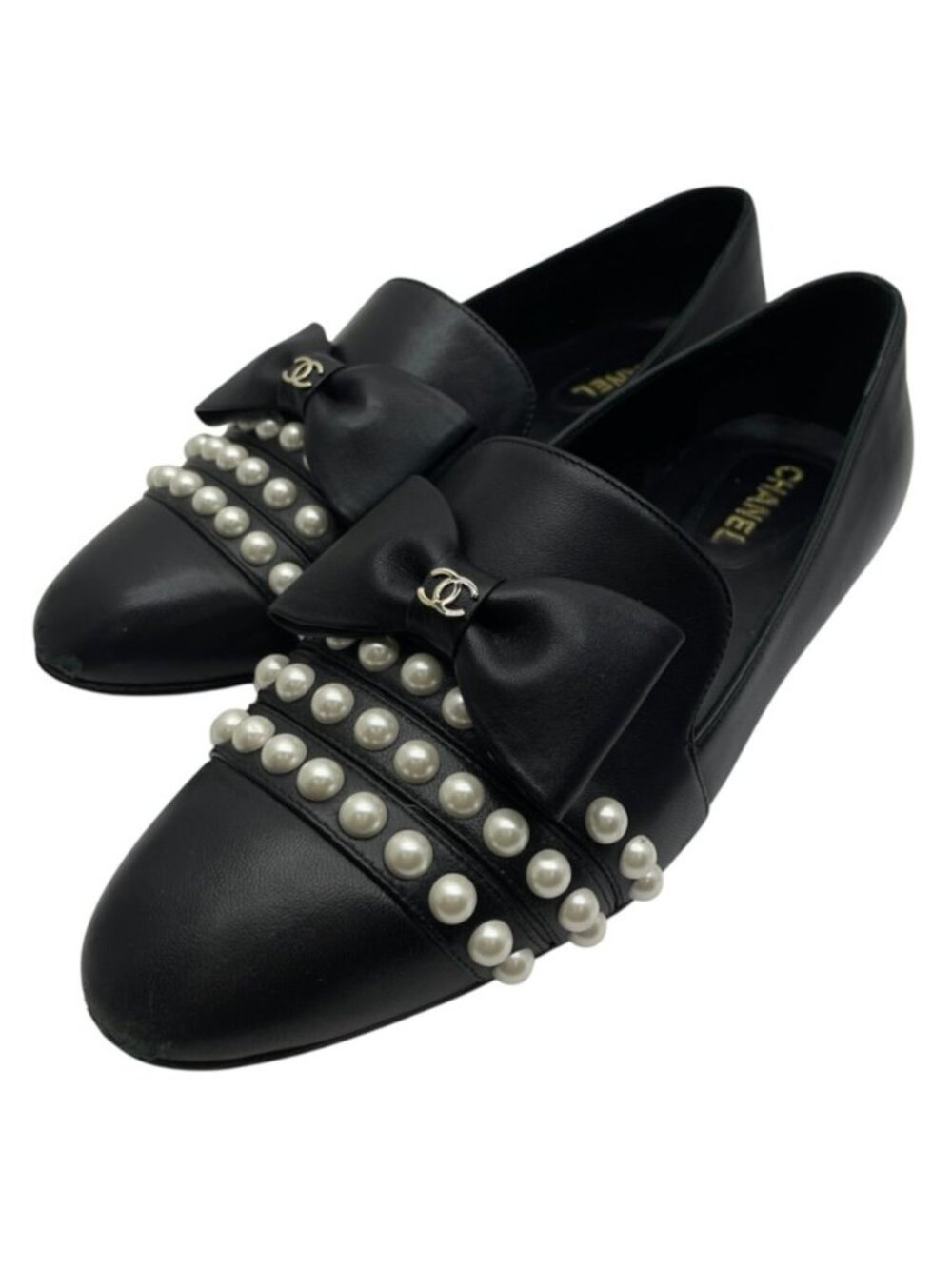 Chanel Loafers Flat Shoes CC Logo Ribbon Pearl Leather Faux Black